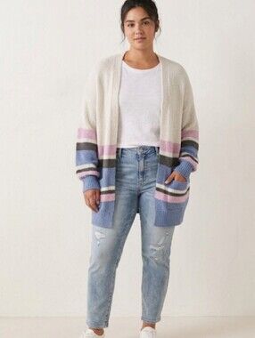 SO Open-Front Striped Cardigan Soft Sweater in Cream, Blue & Pink Oversized Md